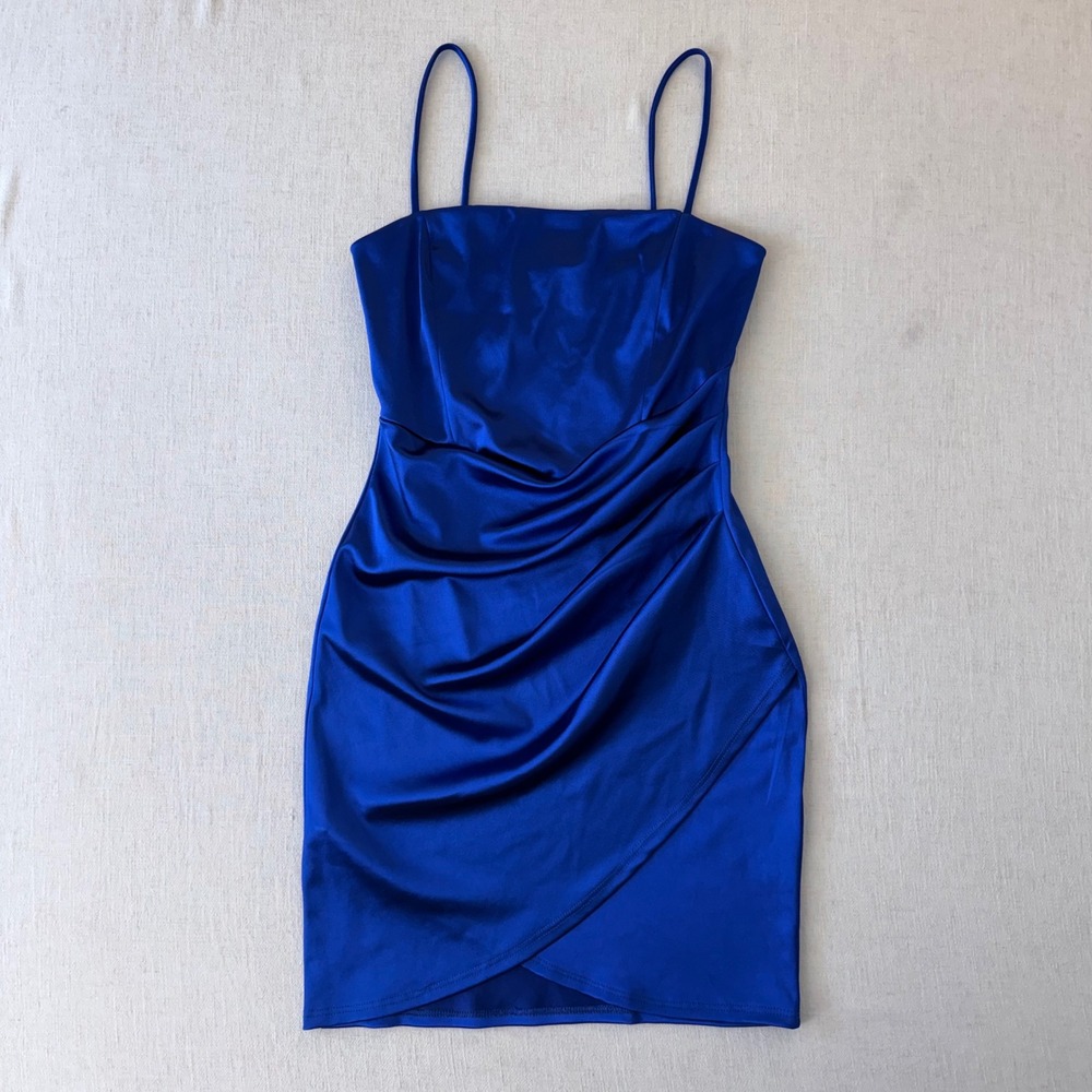 Windsor Mini Dress Womens Small Blue Satin Bodycon Ruched Tulip Hem Party